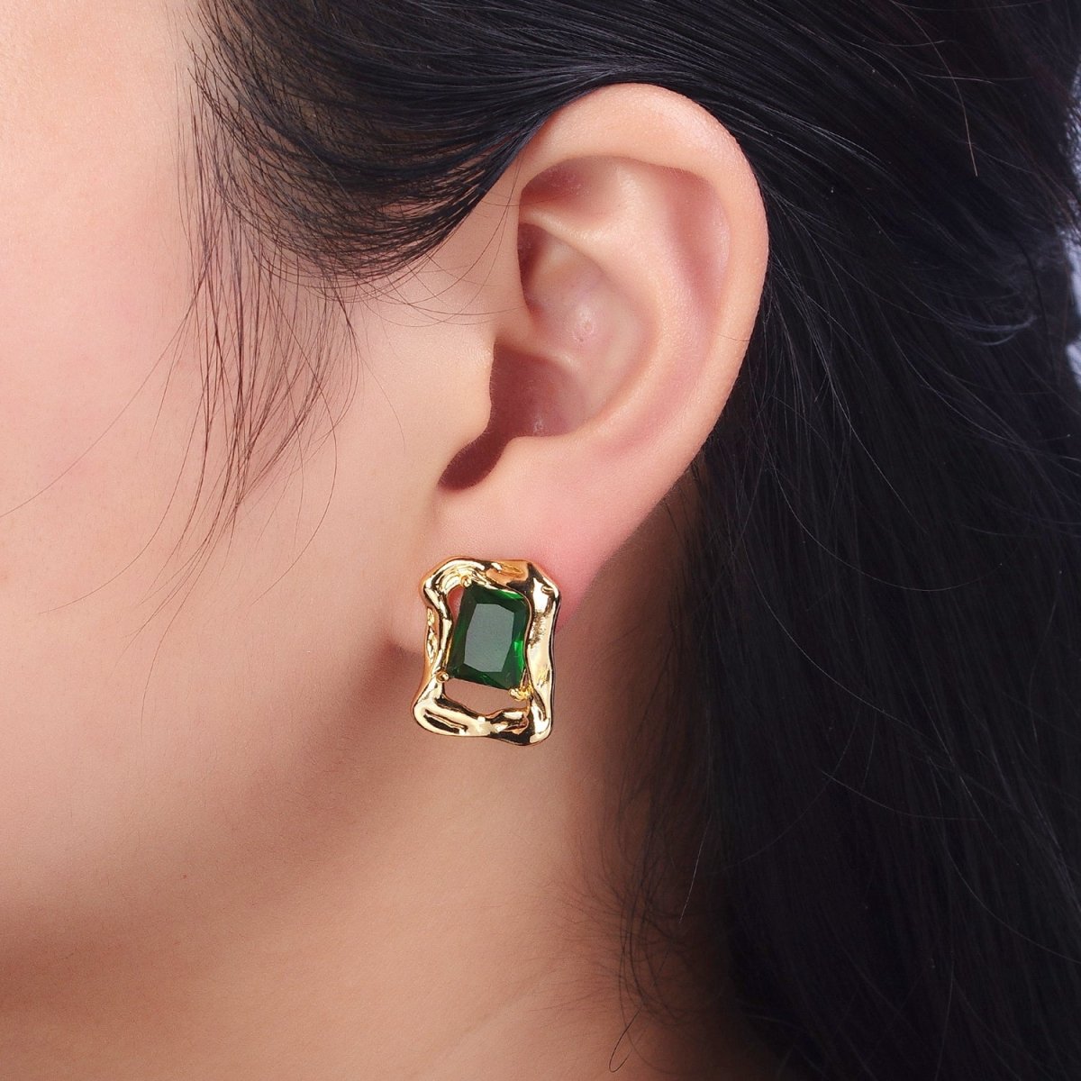 Green, Red, Blue CZ Baguette Geometric Gold Framed Stud Earrings | AB134 - AB136