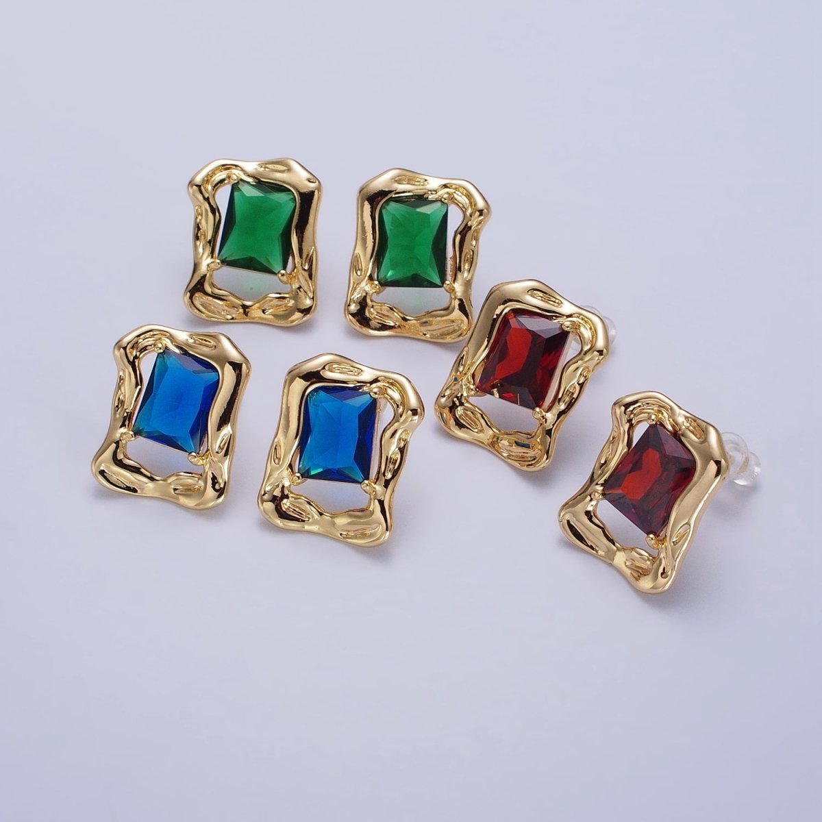Green, Red, Blue CZ Baguette Geometric Gold Framed Stud Earrings | AB134 - AB136