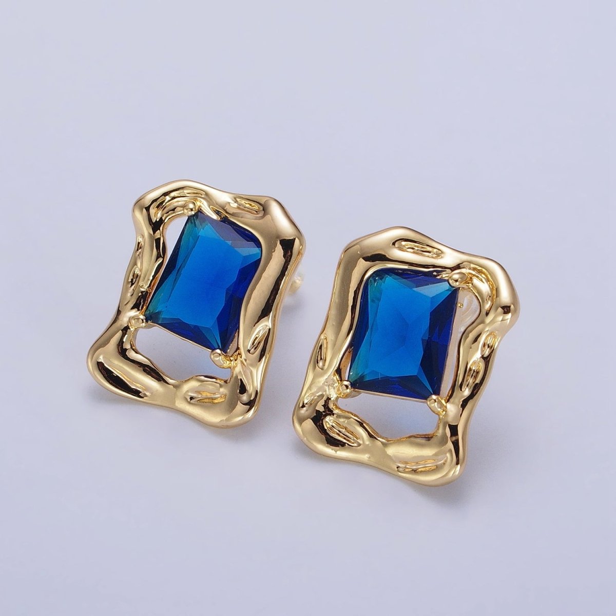 Green, Red, Blue CZ Baguette Geometric Gold Framed Stud Earrings | AB134 - AB136