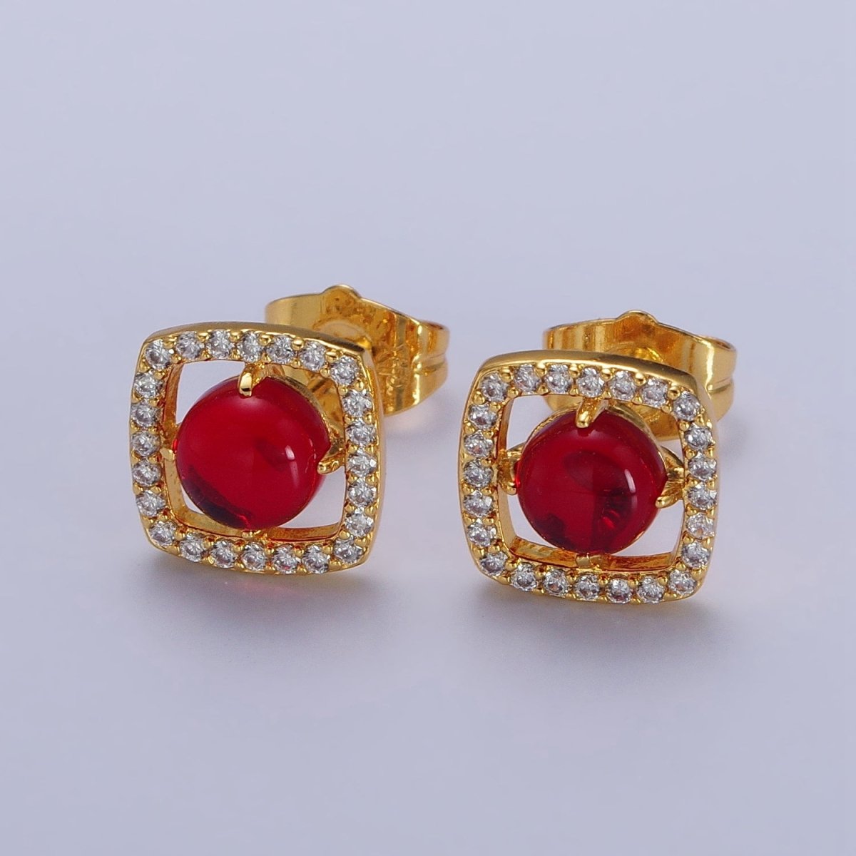 Green, Red Round Jade Micro Paved CZ Square Frame Geometric Stud Earrings | AB115 AB116