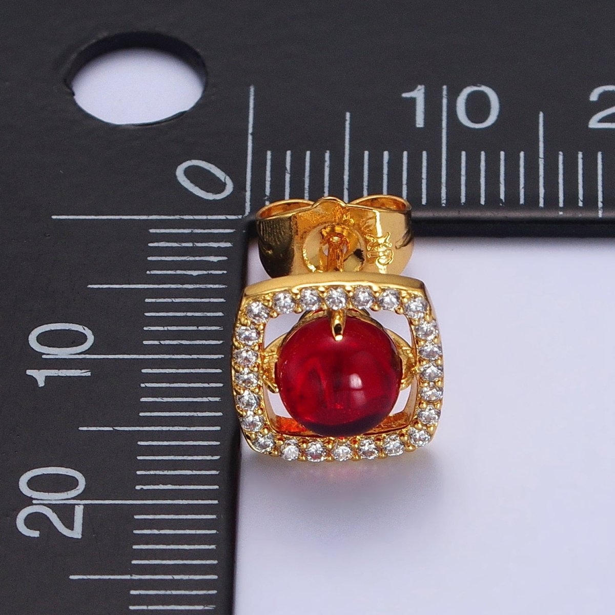 Green, Red Round Jade Micro Paved CZ Square Frame Geometric Stud Earrings | AB115 AB116