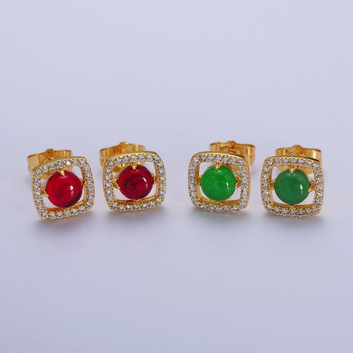 Green, Red Round Jade Micro Paved CZ Square Frame Geometric Stud Earrings | AB115 AB116