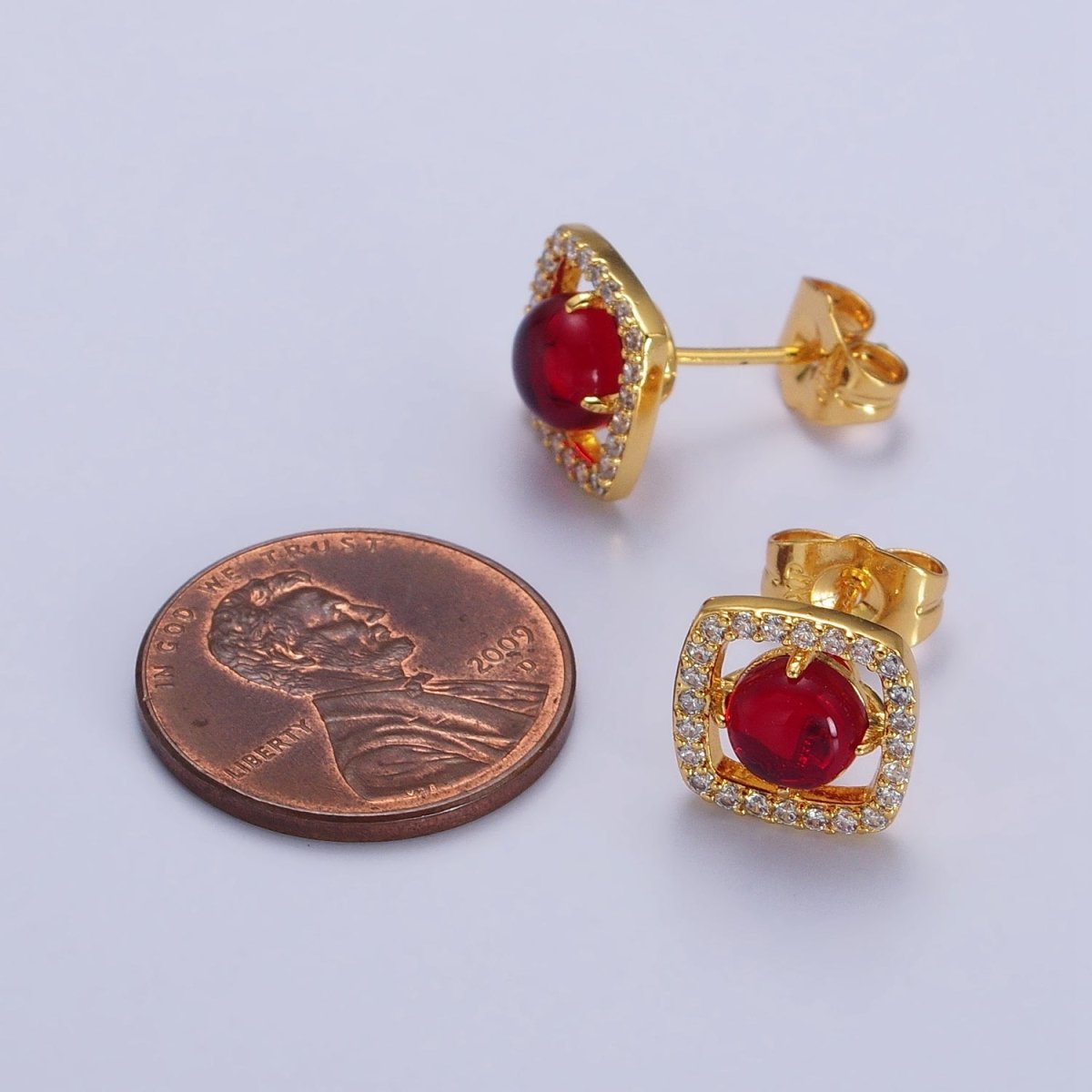 Green, Red Round Jade Micro Paved CZ Square Frame Geometric Stud Earrings | AB115 AB116