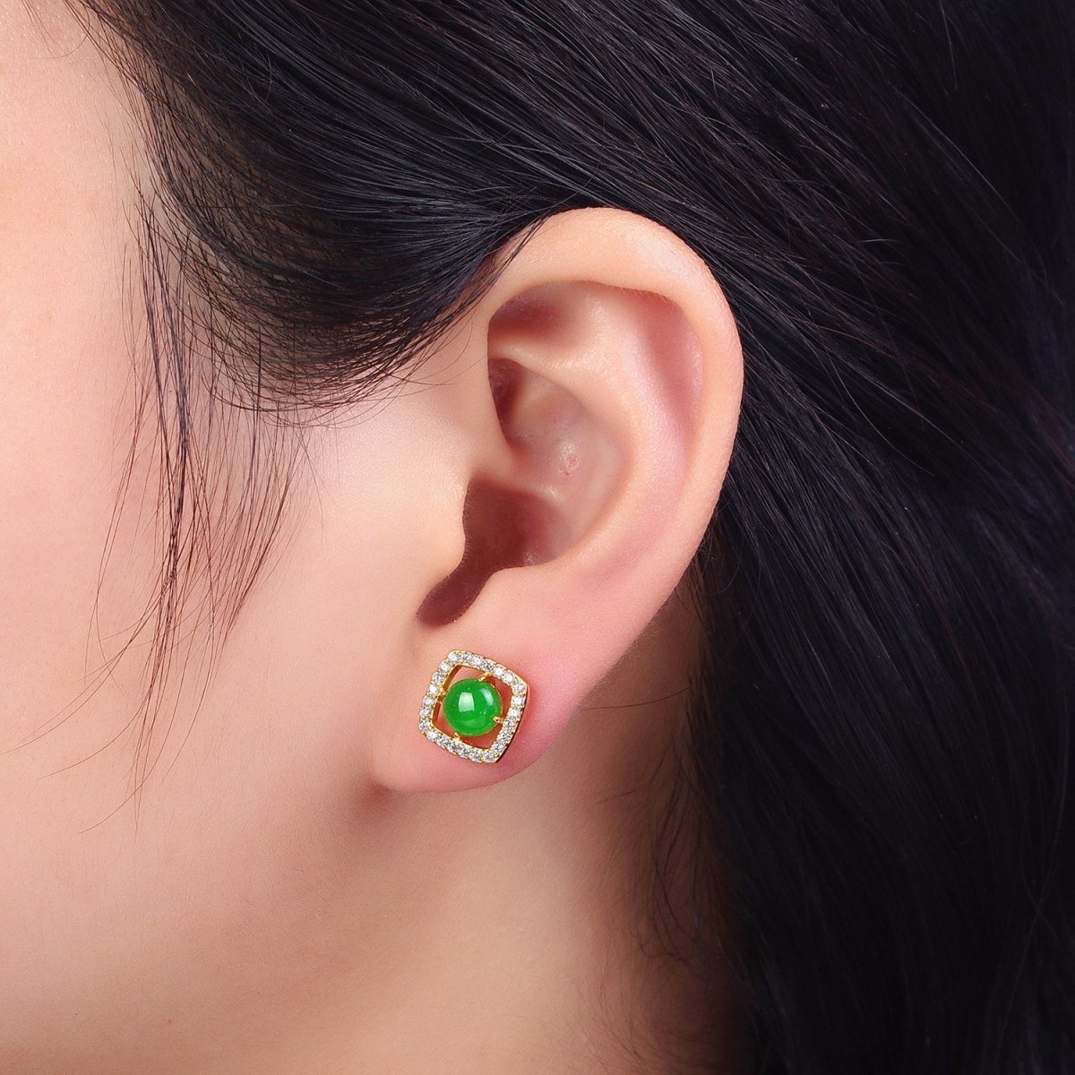 Green, Red Round Jade Micro Paved CZ Square Frame Geometric Stud Earrings | AB115 AB116