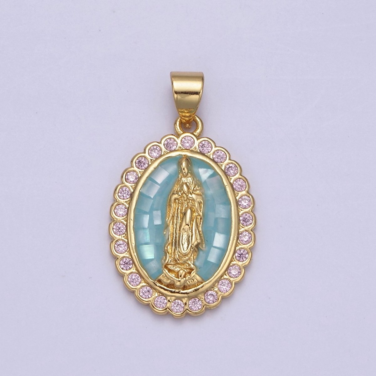 Green Shell Miraculous Lady Charm for Necklace, Dainty Lady of Guadalupe Pendant for Religious Jewelry Making Supply in Gold Filled N-551 - DLUXCA