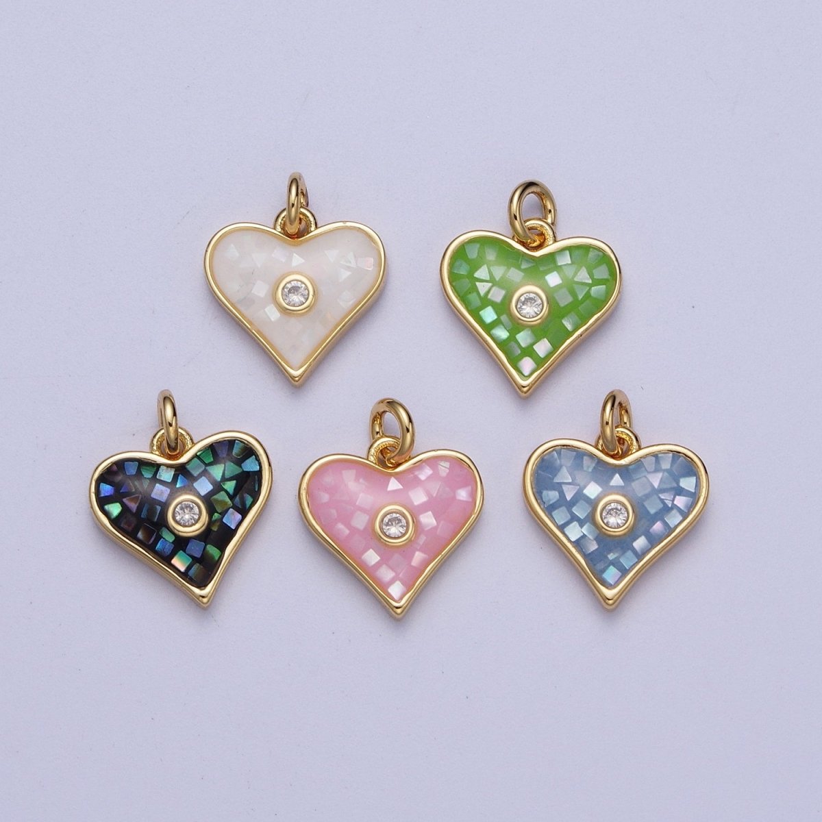 Green, White, Pink, Blue, Abalone Shell Opal CZ Gold Heart Charm | X-769 - X-773