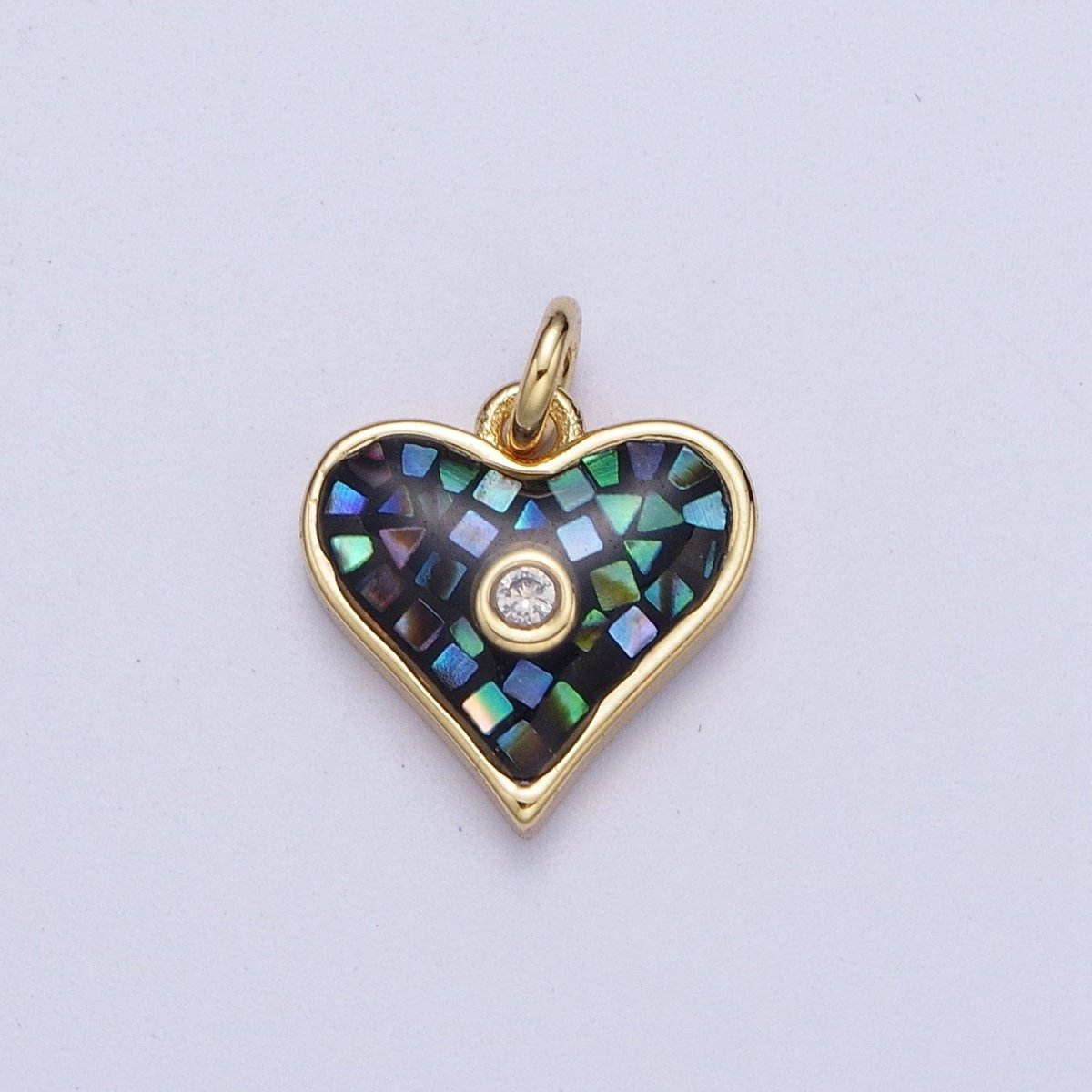 Green, White, Pink, Blue, Abalone Shell Opal CZ Gold Heart Charm | X-769 - X-773