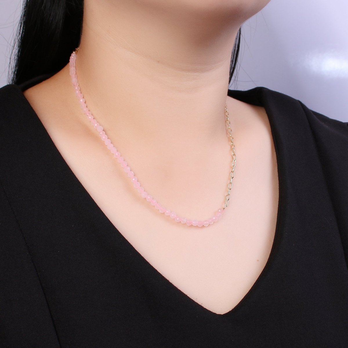 Half 14K Gold Filled Cable Link Chain, Half Dainty Pink Quartz Natural Gemstone Necklace | WA-029 Clearance Pricing - DLUXCA