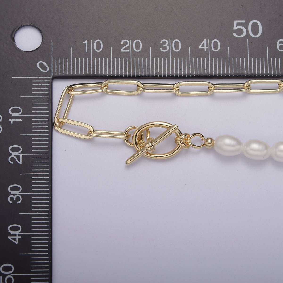 Half beaded half chain necklace in 18k gold filled | Layer Necklace paper clip chain rectangle | White Freshwater Pearl | WA-863 Clearance Pricing - DLUXCA