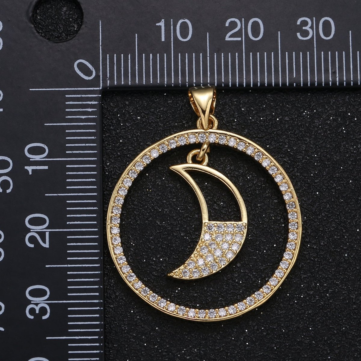 Half Micro Pave Crescent Moon in Golden Circle Charm CZ Nature Sky Geometric Circle Charm Pendant GP-001