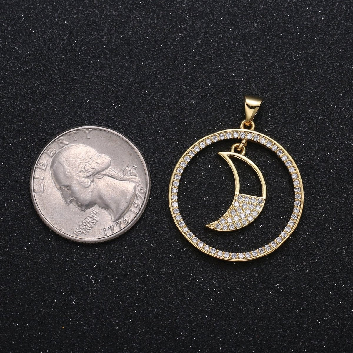 Half Micro Pave Crescent Moon in Golden Circle Charm CZ Nature Sky Geometric Circle Charm Pendant GP-001