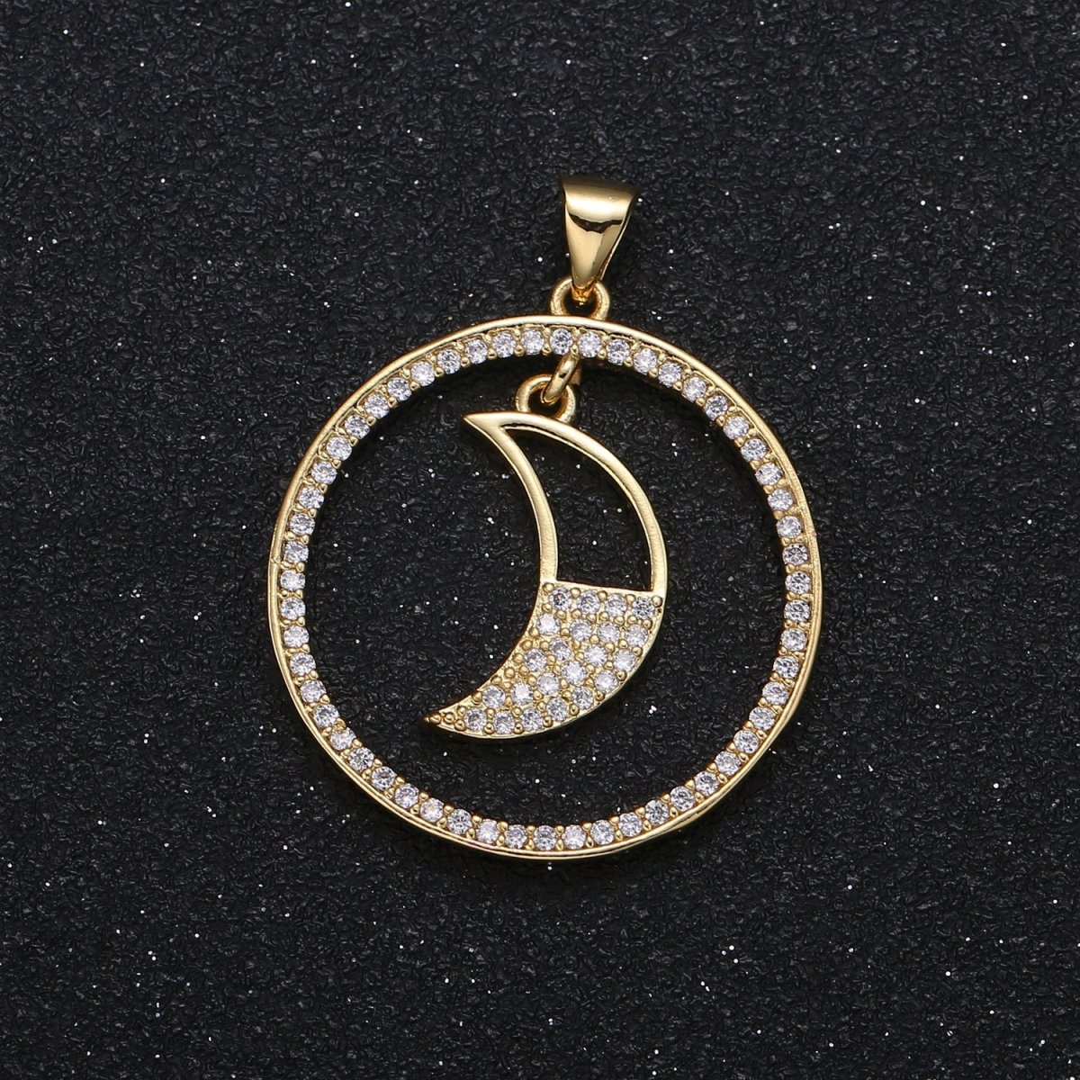Half Micro Pave Crescent Moon in Golden Circle Charm CZ Nature Sky Geometric Circle Charm Pendant GP-001