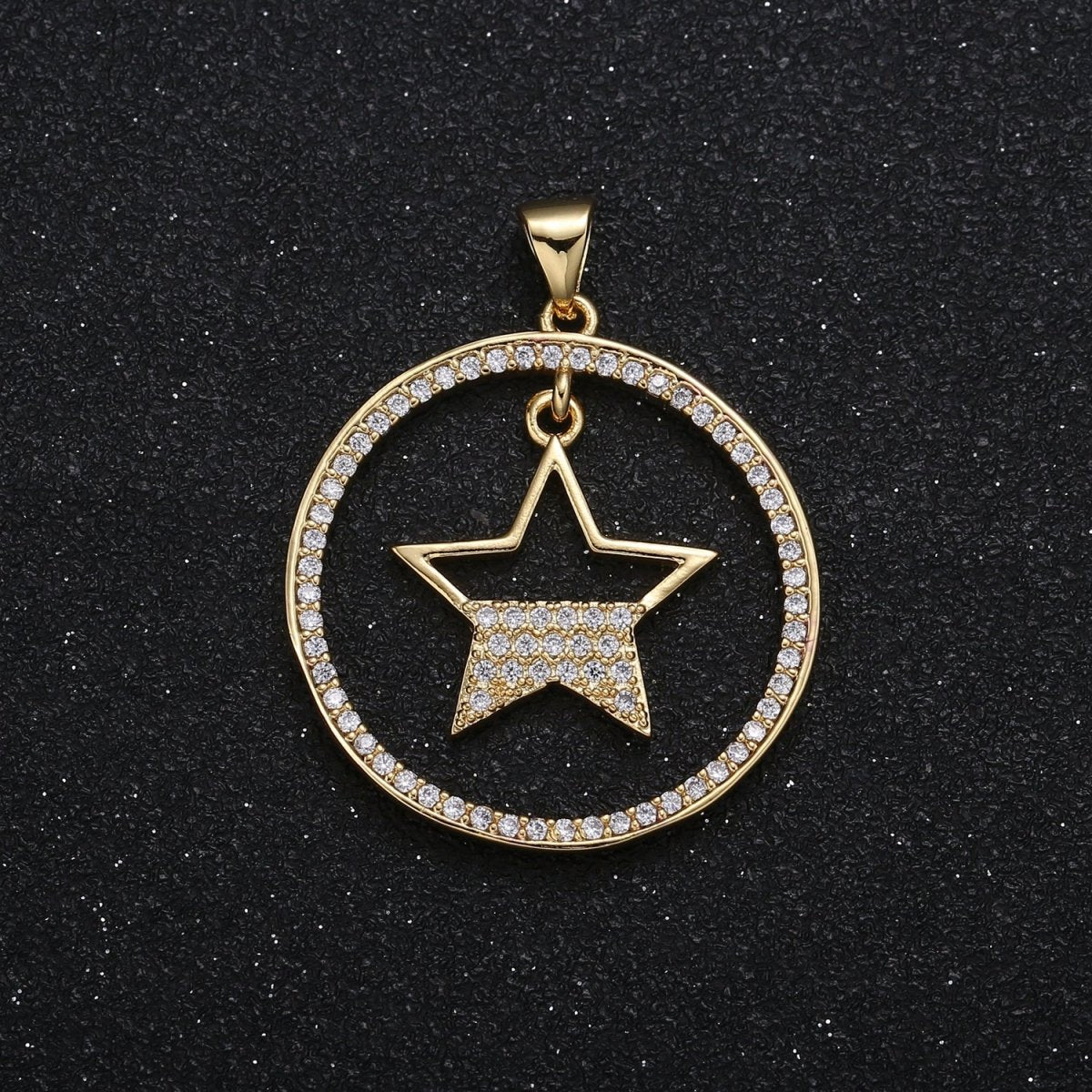 Half Micro Pave Star in Golden Circle Charm CZ Nature Sky Geometric Circle Charm Pendant GP-016