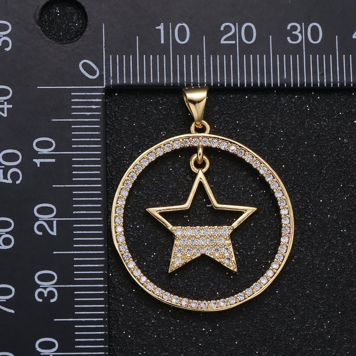 Half Micro Pave Star in Golden Circle Charm CZ Nature Sky Geometric Circle Charm Pendant GP-016