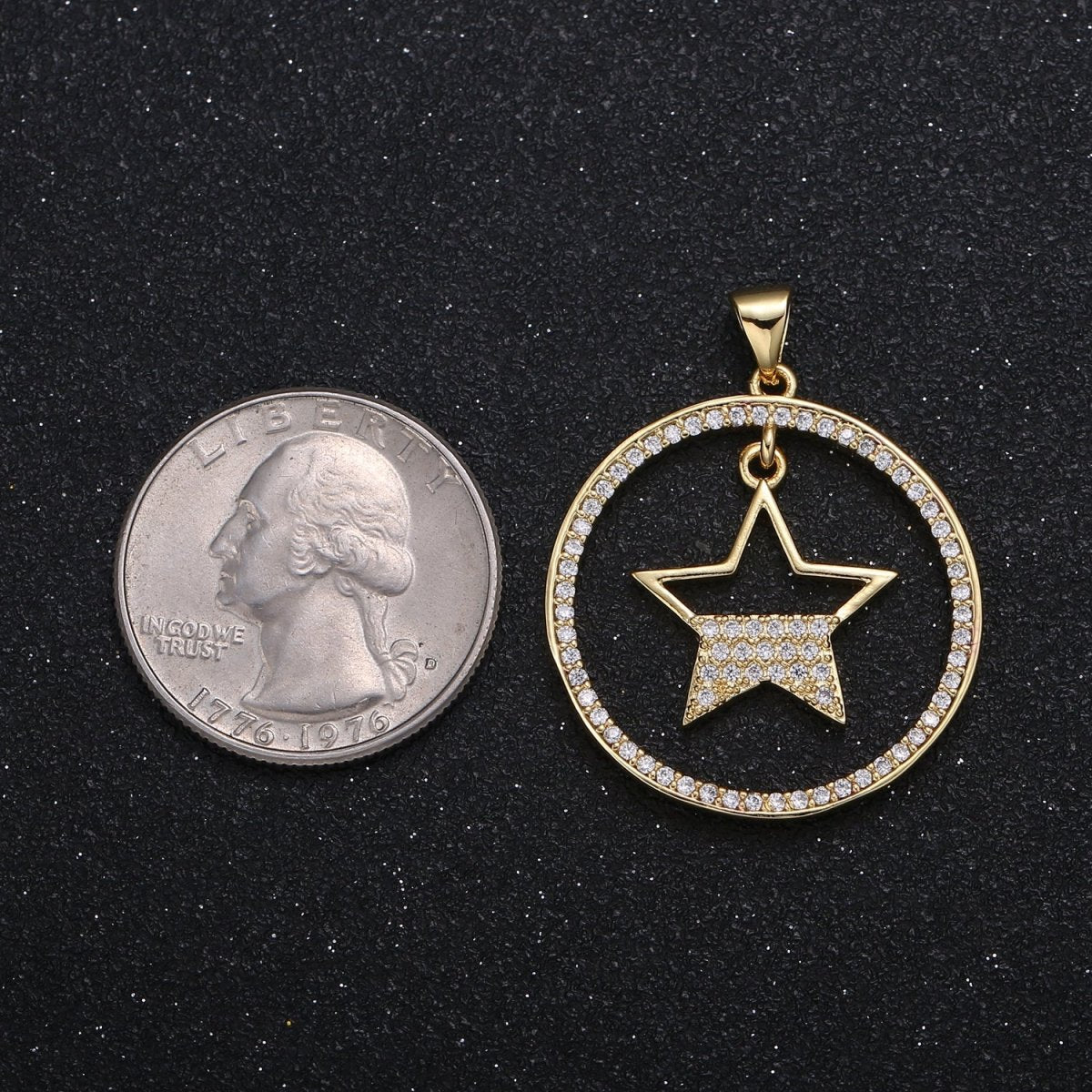 Half Micro Pave Star in Golden Circle Charm CZ Nature Sky Geometric Circle Charm Pendant GP-016