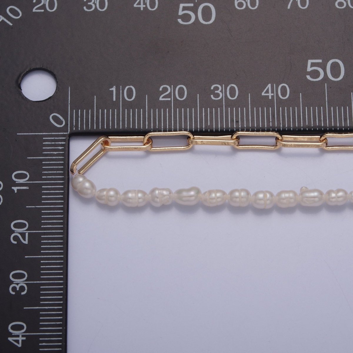 Half Pearl Half chain necklace in 18k gold fill | Layer Necklace Gold Paper Clip chain with White Freshwater Pearl | WA-1064 Clearance Pricing - DLUXCA