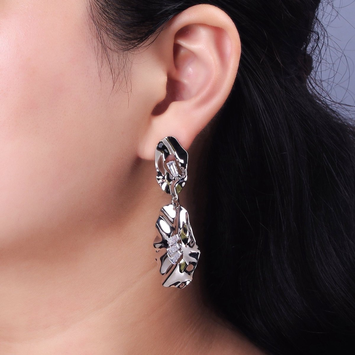 Hammered Oblong Triple Clear Baguette CZ Drop Stud Earrings in Gold & Silver | AE291 AE292