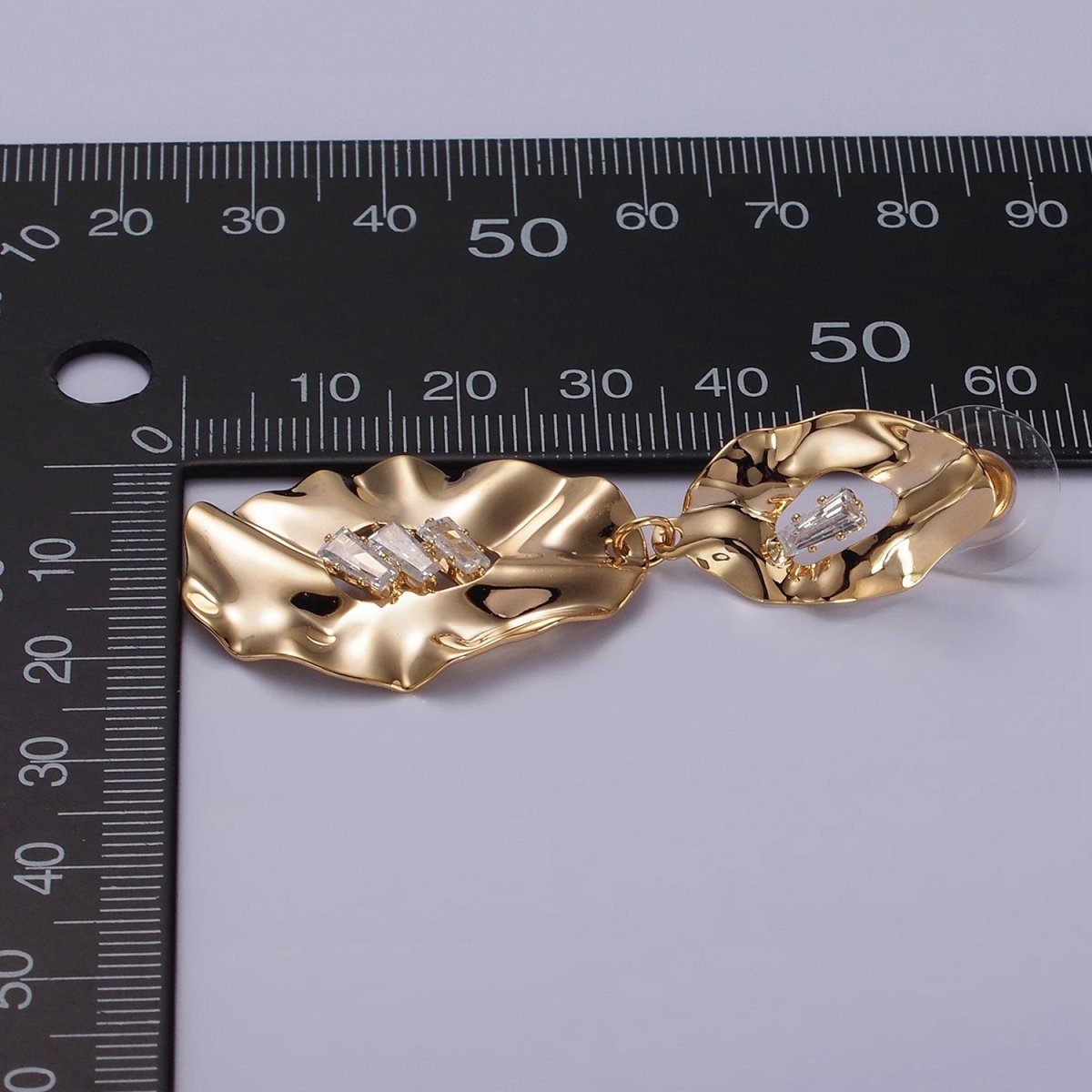Hammered Oblong Triple Clear Baguette CZ Drop Stud Earrings in Gold & Silver | AE291 AE292