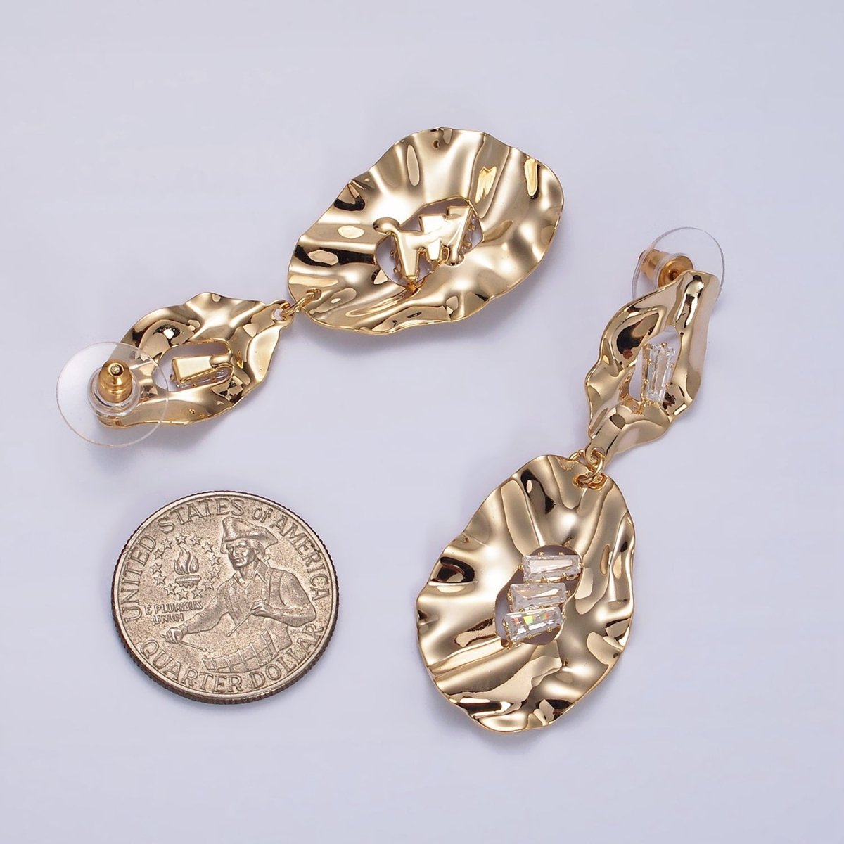 Hammered Oblong Triple Clear Baguette CZ Drop Stud Earrings in Gold & Silver | AE291 AE292