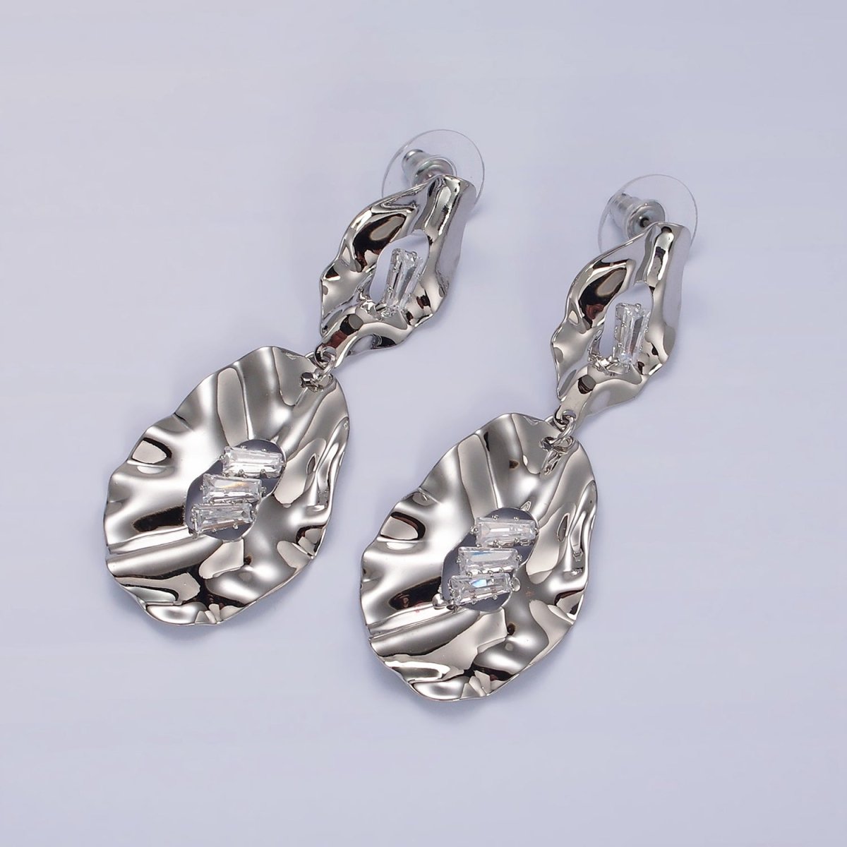 Hammered Oblong Triple Clear Baguette CZ Drop Stud Earrings in Gold & Silver | AE291 AE292