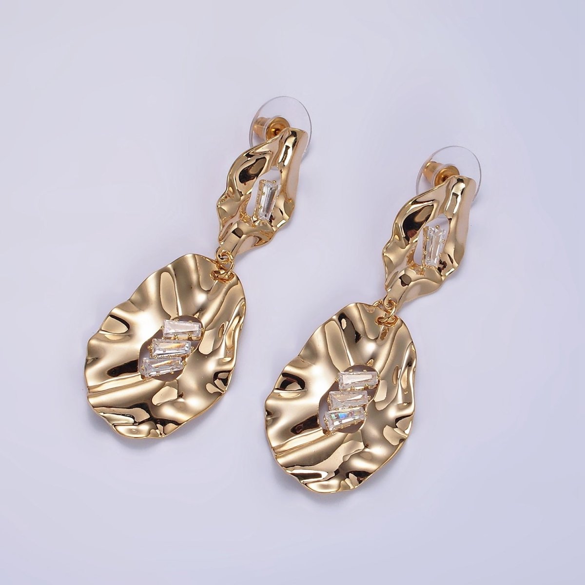 Hammered Oblong Triple Clear Baguette CZ Drop Stud Earrings in Gold & Silver | AE291 AE292
