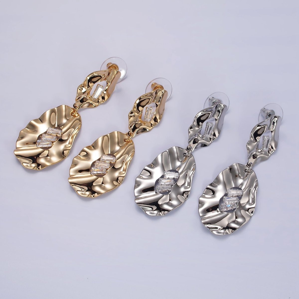 Hammered Oblong Triple Clear Baguette CZ Drop Stud Earrings in Gold & Silver | AE291 AE292