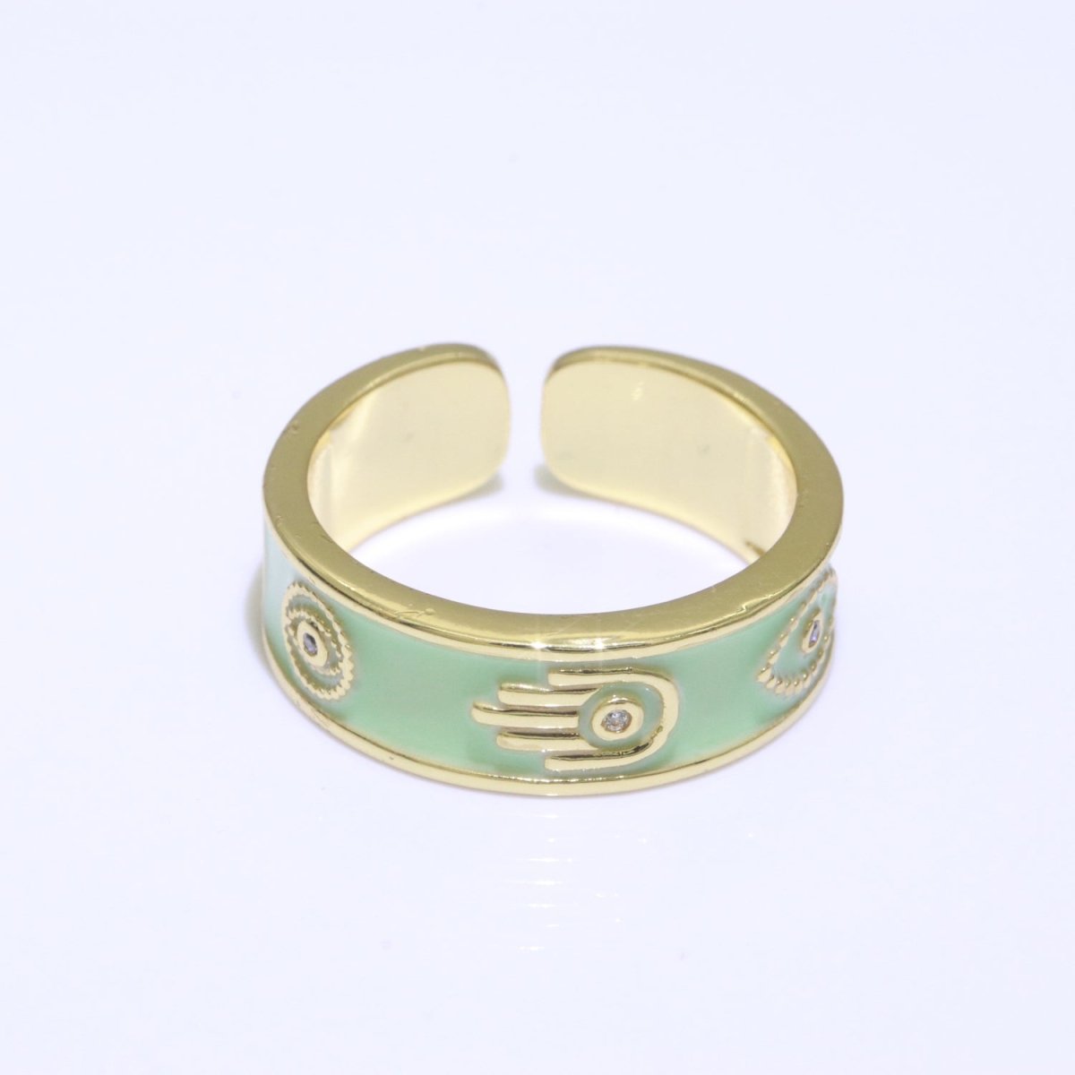 Hamsa Hand Evil Eye Adjustable Ring, 14K Gold Filled Enamel Open Ring Stackable Statement Jewelry O-504 ~ O-513