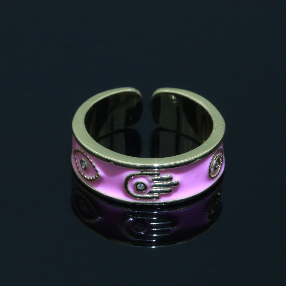 Hamsa Hand Evil Eye Adjustable Ring, 14K Gold Filled Enamel Open Ring Stackable Statement Jewelry O-504 ~ O-513