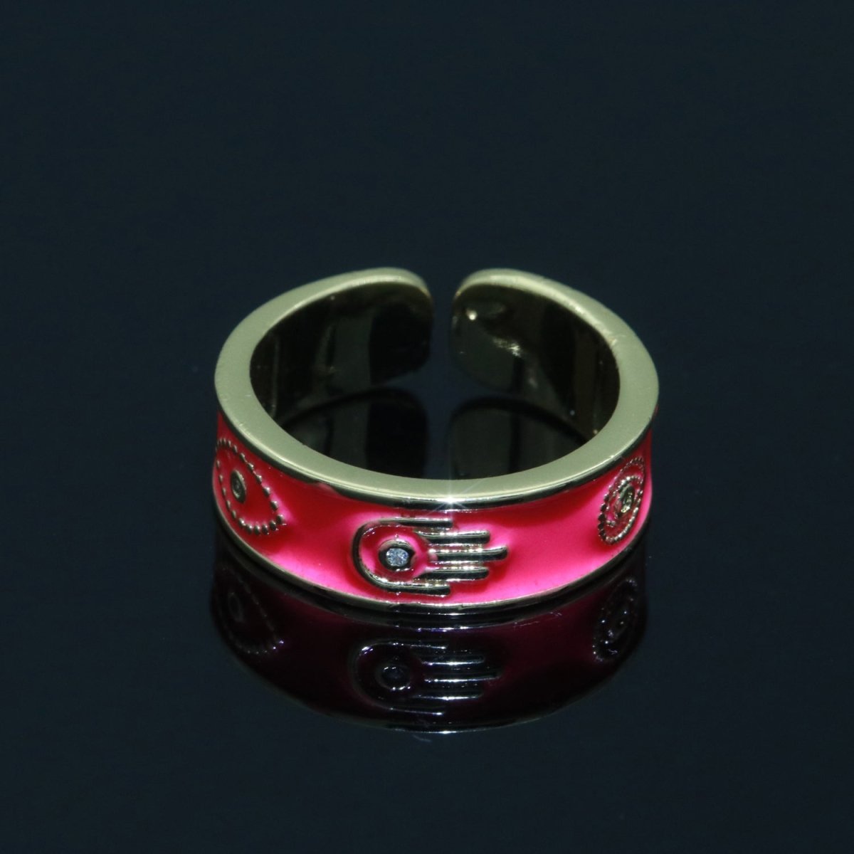 Hamsa Hand Evil Eye Adjustable Ring, 14K Gold Filled Enamel Open Ring Stackable Statement Jewelry O-504 ~ O-513