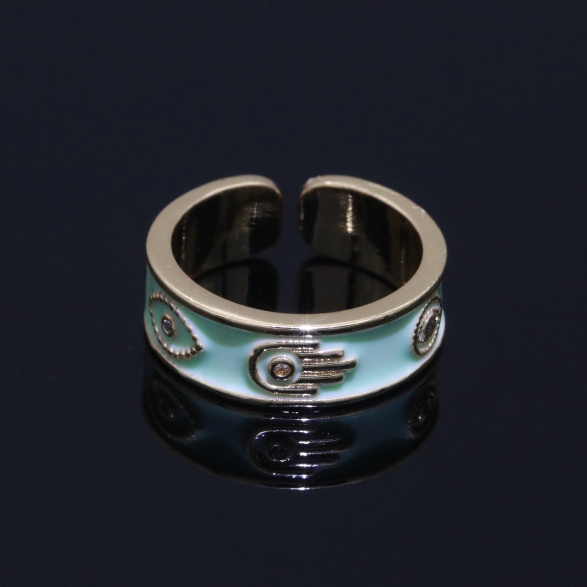 Hamsa Hand Evil Eye Adjustable Ring, 14K Gold Filled Enamel Open Ring Stackable Statement Jewelry O-504 ~ O-513