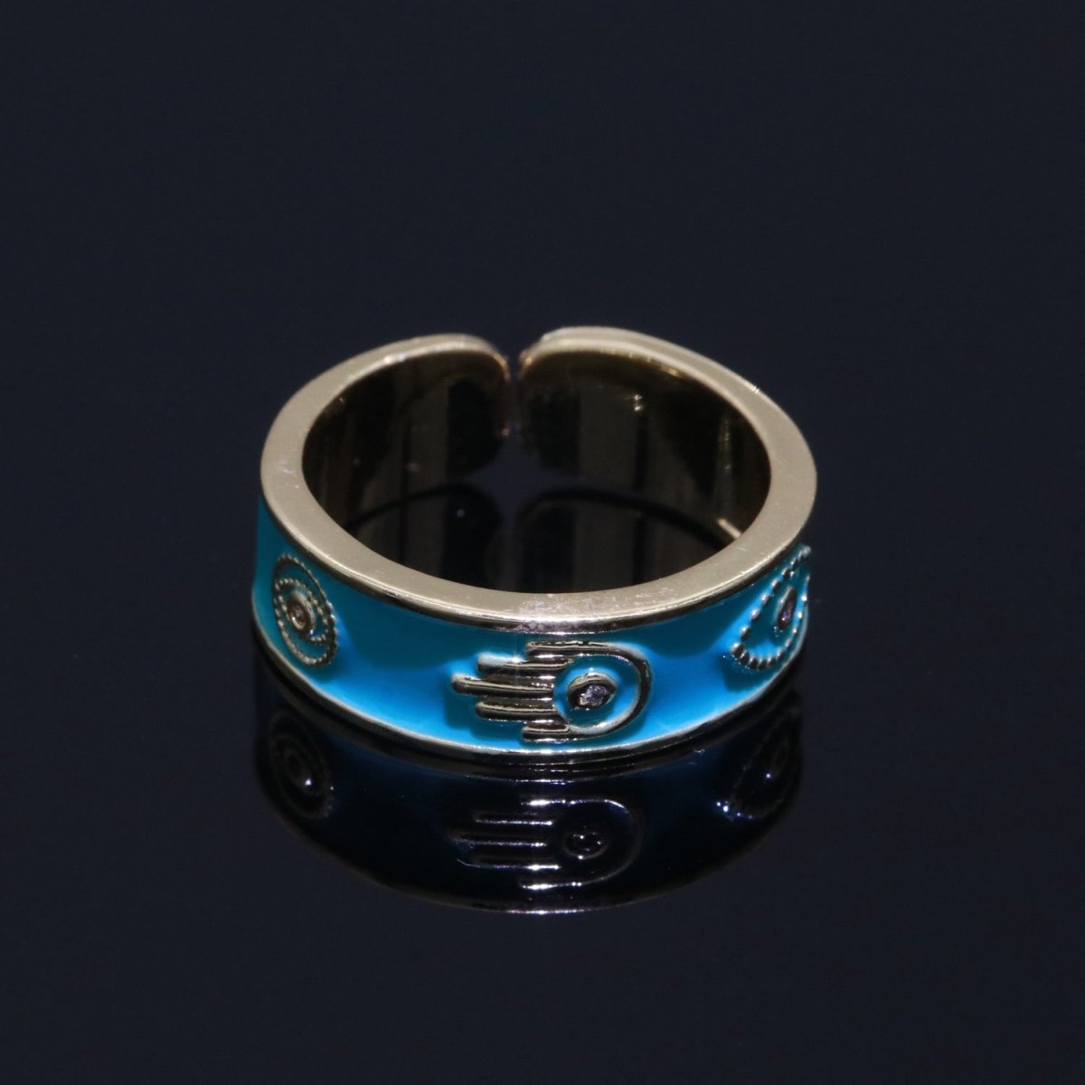 Hamsa Hand Evil Eye Adjustable Ring, 14K Gold Filled Enamel Open Ring Stackable Statement Jewelry O-504 ~ O-513