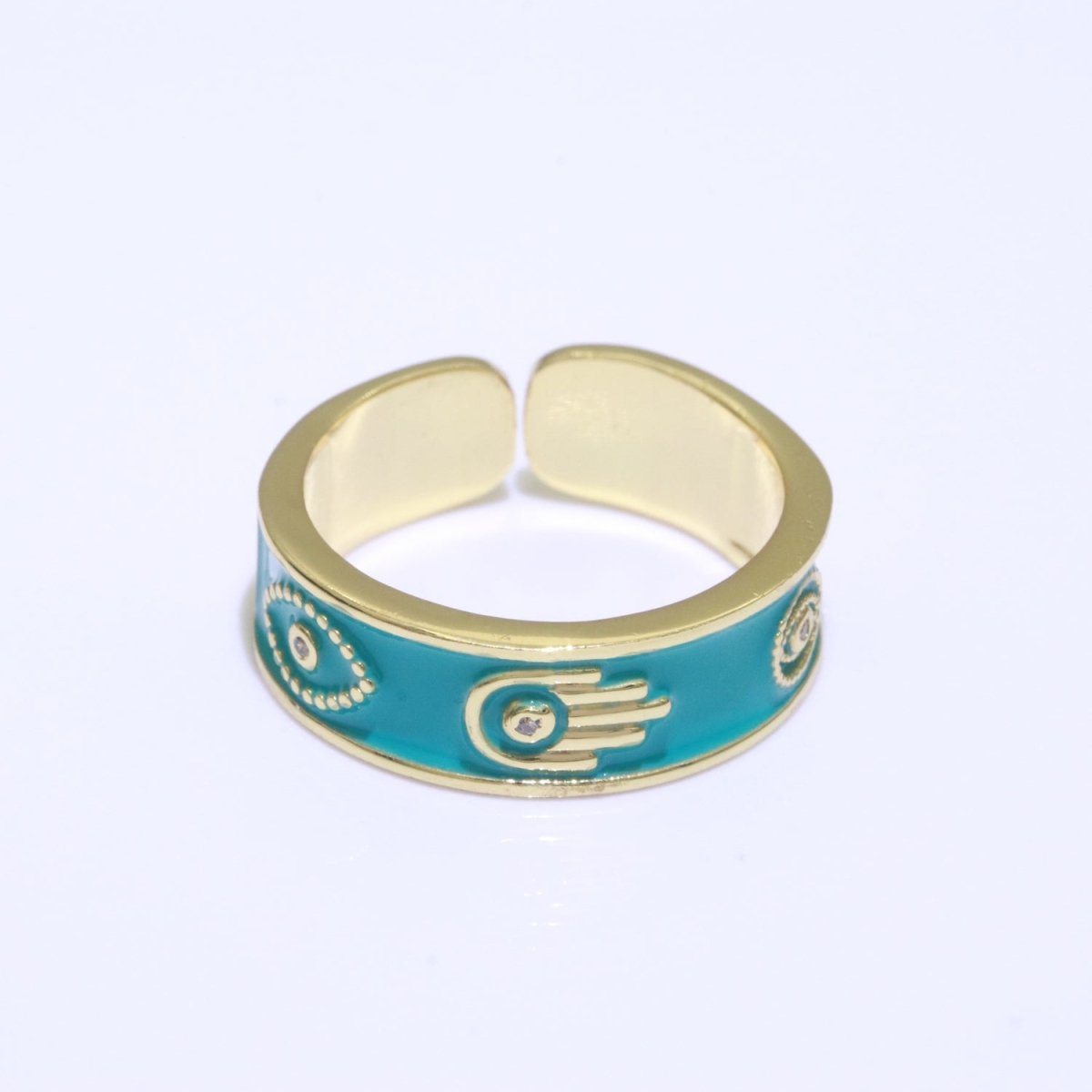 Hamsa Hand Evil Eye Adjustable Ring, 14K Gold Filled Enamel Open Ring Stackable Statement Jewelry O-504 ~ O-513