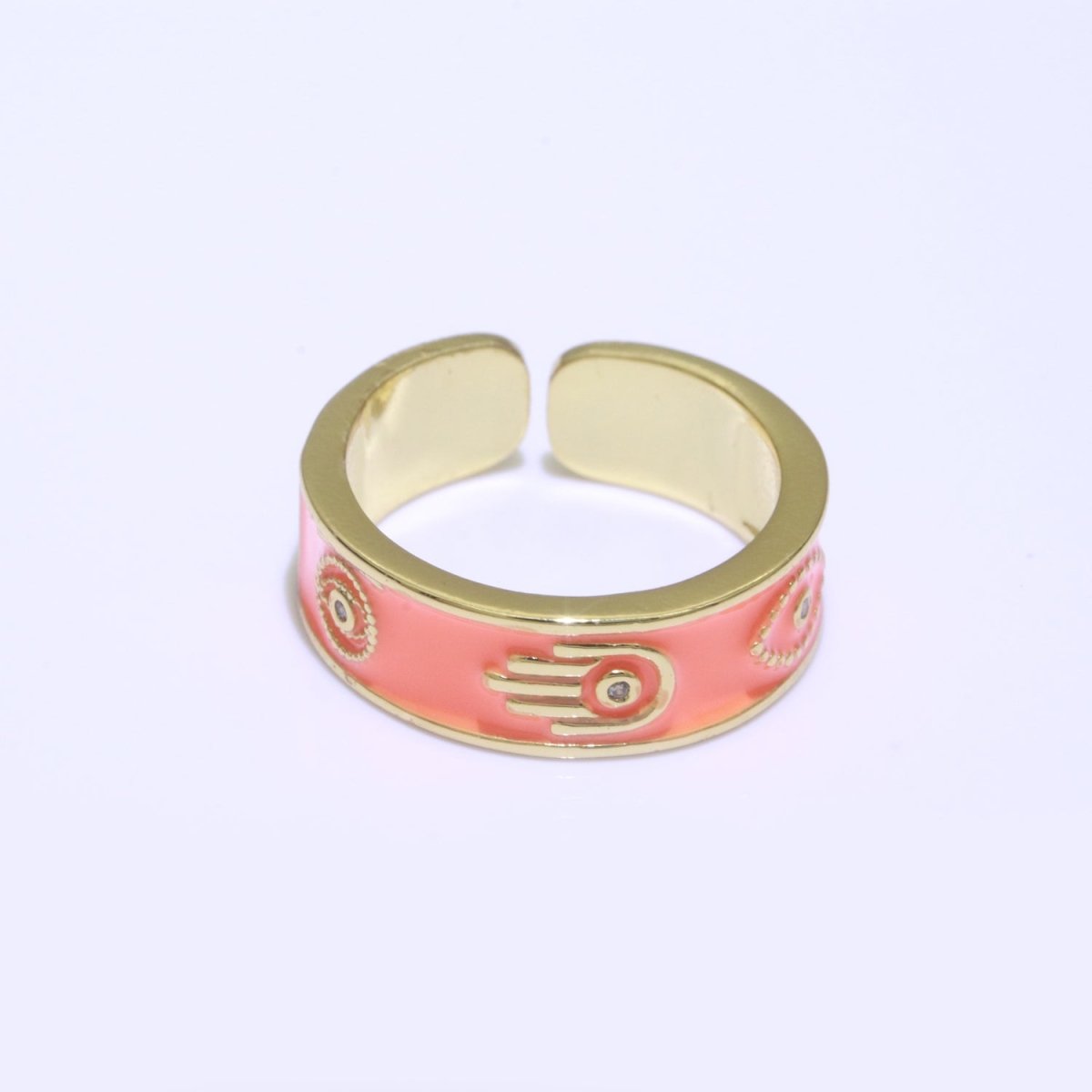 Hamsa Hand Evil Eye Adjustable Ring, 14K Gold Filled Enamel Open Ring Stackable Statement Jewelry O-504 ~ O-513