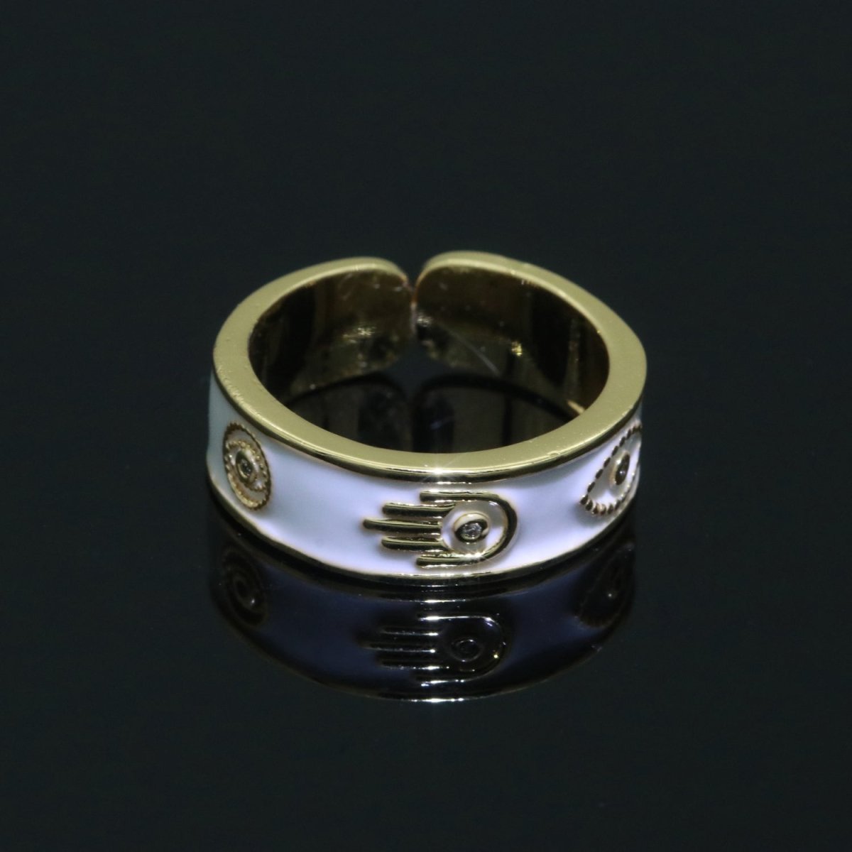 Hamsa Hand Evil Eye Adjustable Ring, 14K Gold Filled Enamel Open Ring Stackable Statement Jewelry O-504 ~ O-513