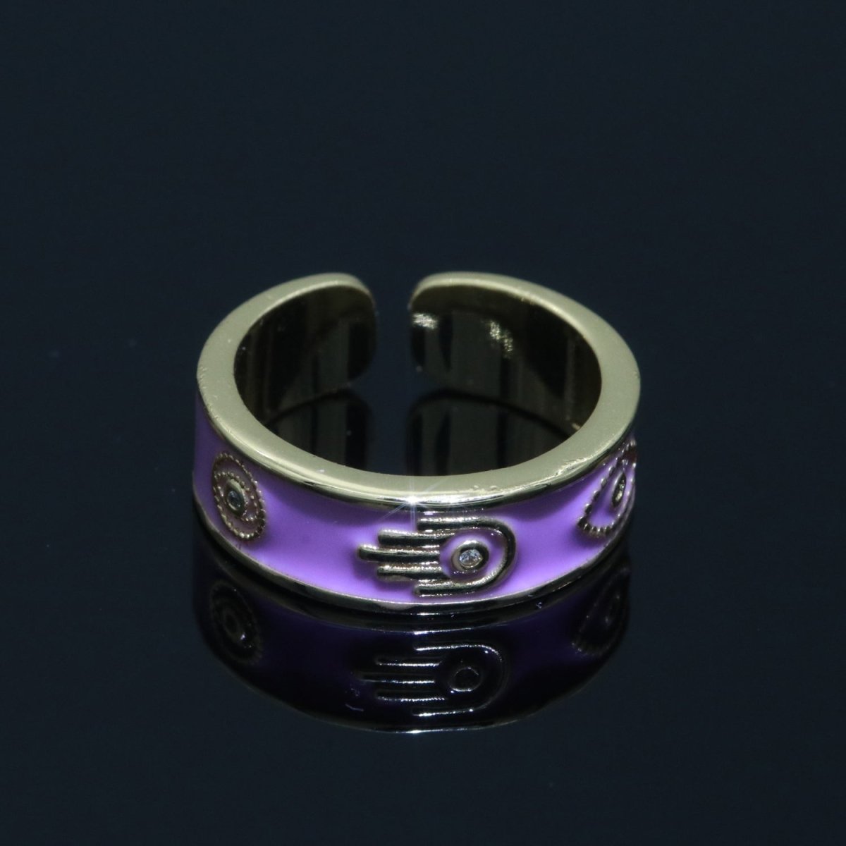 Hamsa Hand Evil Eye Adjustable Ring, 14K Gold Filled Enamel Open Ring Stackable Statement Jewelry O-504 ~ O-513