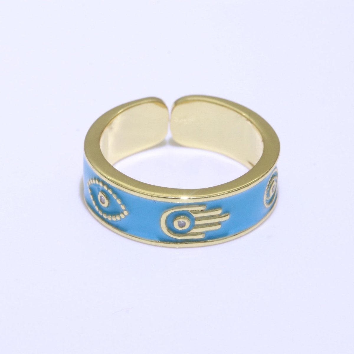 Hamsa Hand Evil Eye Adjustable Ring, 14K Gold Filled Enamel Open Ring Stackable Statement Jewelry O-504 ~ O-513