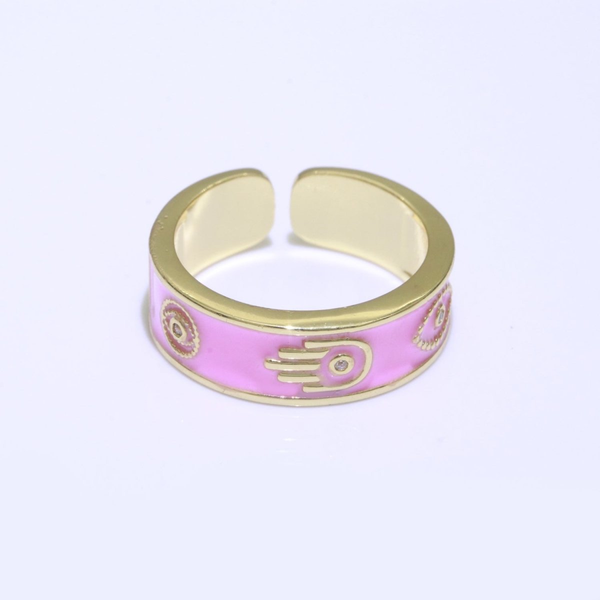 Hamsa Hand Evil Eye Adjustable Ring, 14K Gold Filled Enamel Open Ring Stackable Statement Jewelry O-504 ~ O-513