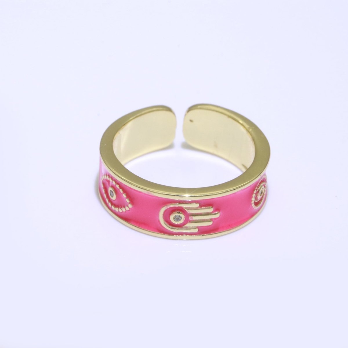 Hamsa Hand Evil Eye Adjustable Ring, 14K Gold Filled Enamel Open Ring Stackable Statement Jewelry O-504 ~ O-513