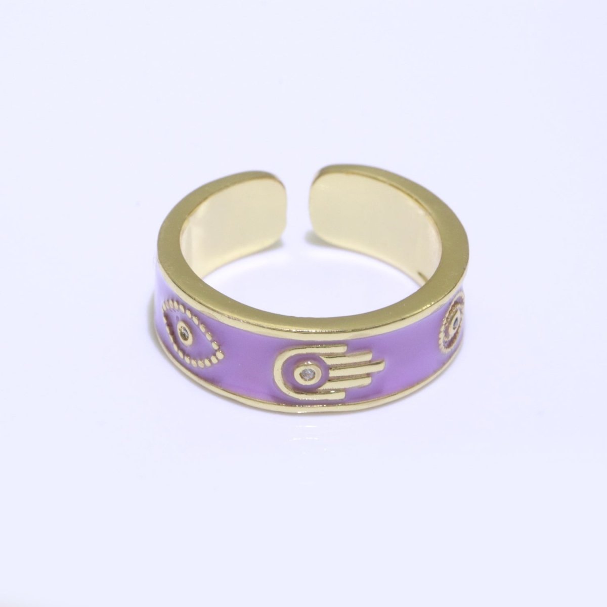 Hamsa Hand Evil Eye Adjustable Ring, 14K Gold Filled Enamel Open Ring Stackable Statement Jewelry O-504 ~ O-513