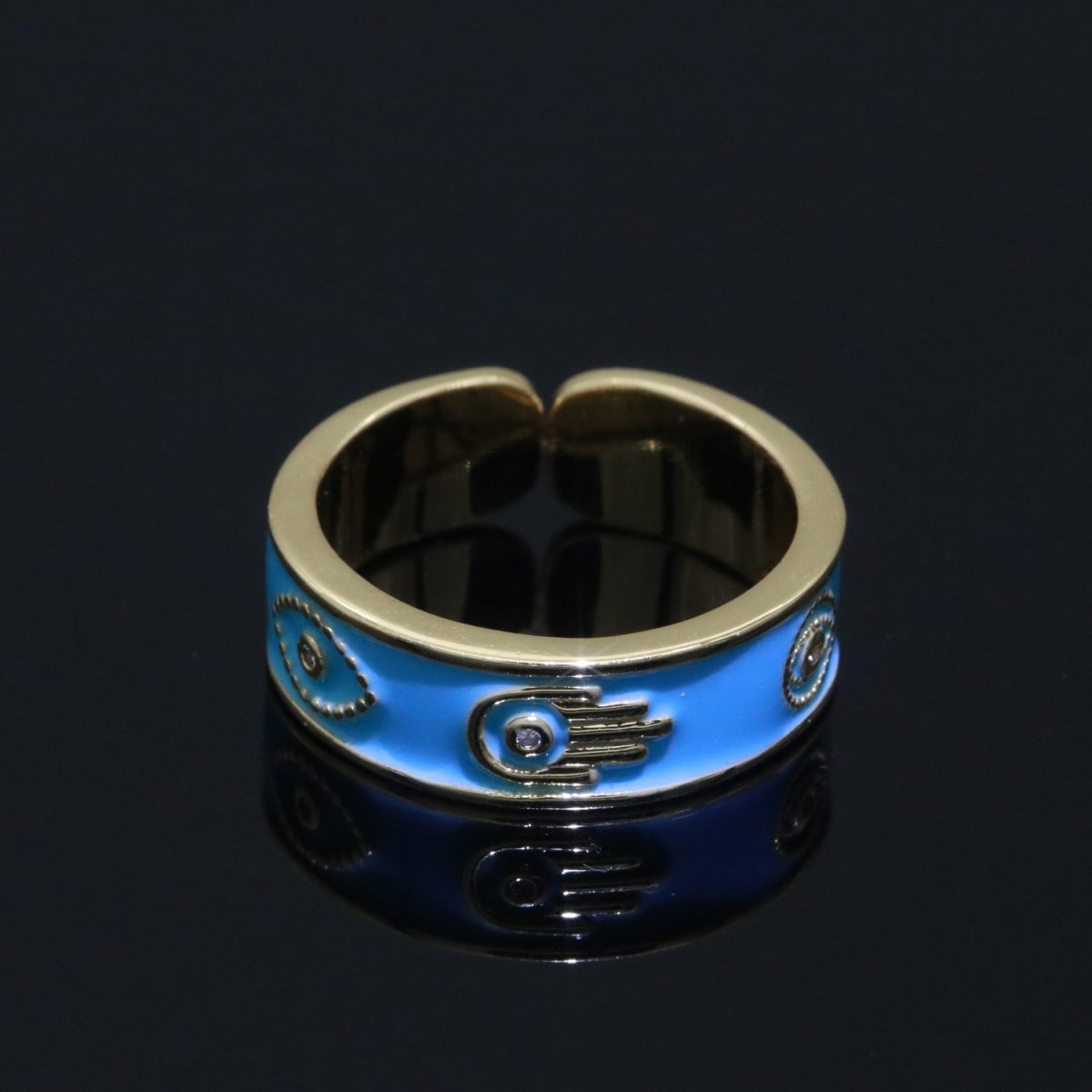 Hamsa Hand Evil Eye Adjustable Ring, 14K Gold Filled Enamel Open Ring Stackable Statement Jewelry O-504 ~ O-513