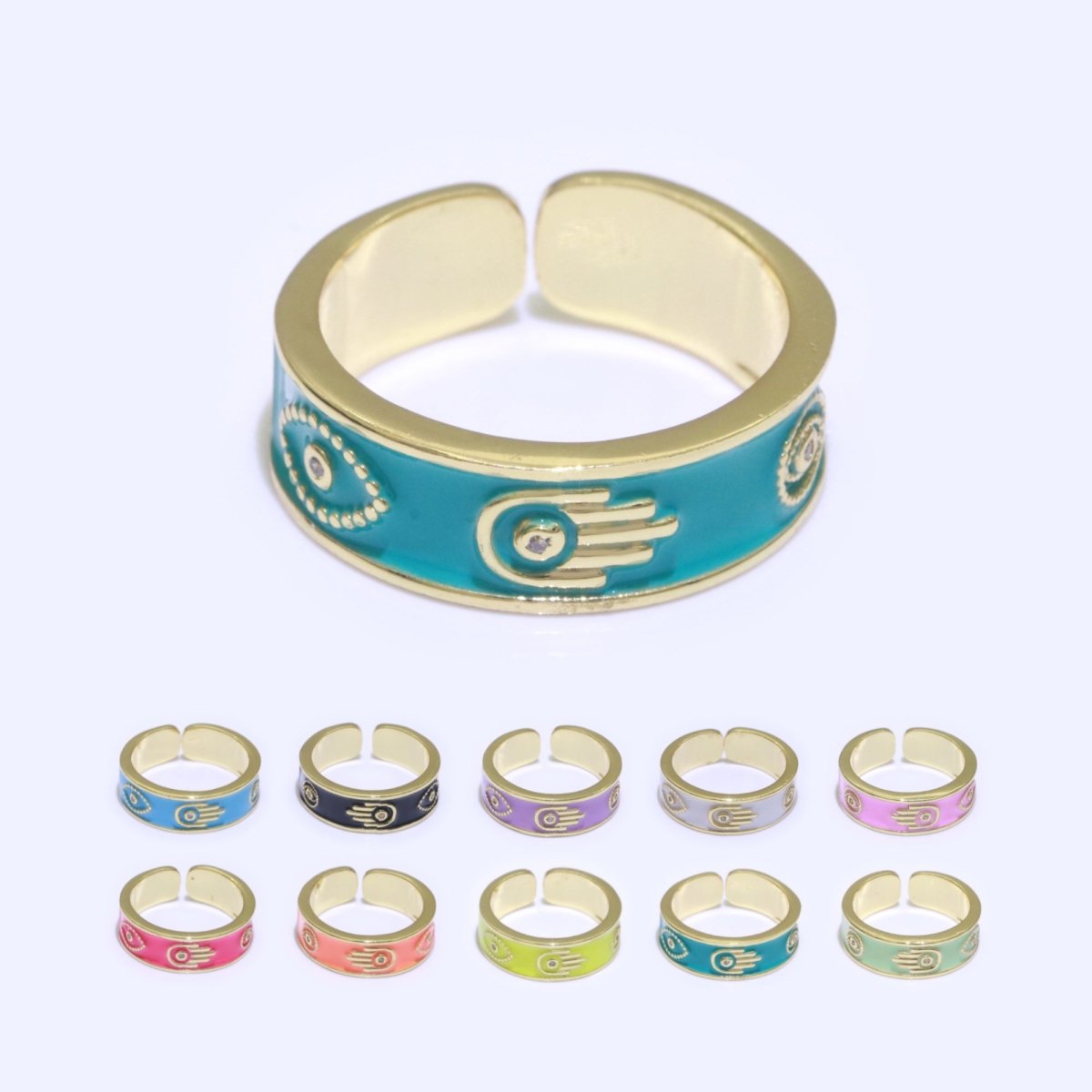Hamsa Hand Evil Eye Adjustable Ring, 14K Gold Filled Enamel Open Ring Stackable Statement Jewelry O-504 ~ O-513
