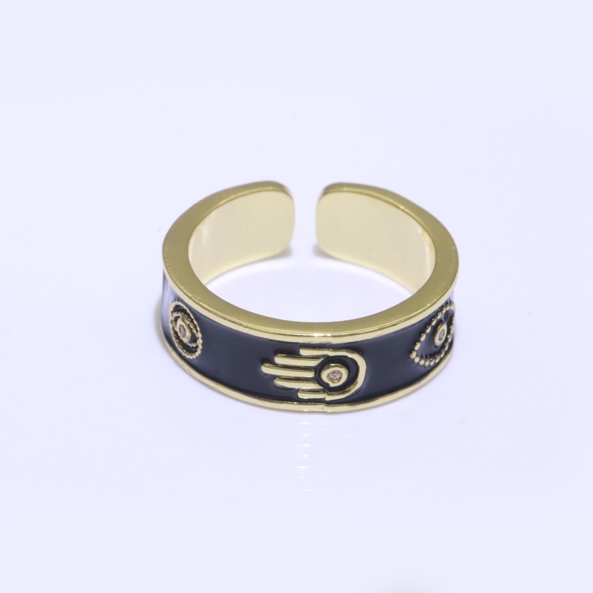 Hamsa Hand Evil Eye Adjustable Ring, 14K Gold Filled Enamel Open Ring Stackable Statement Jewelry O-504 ~ O-513