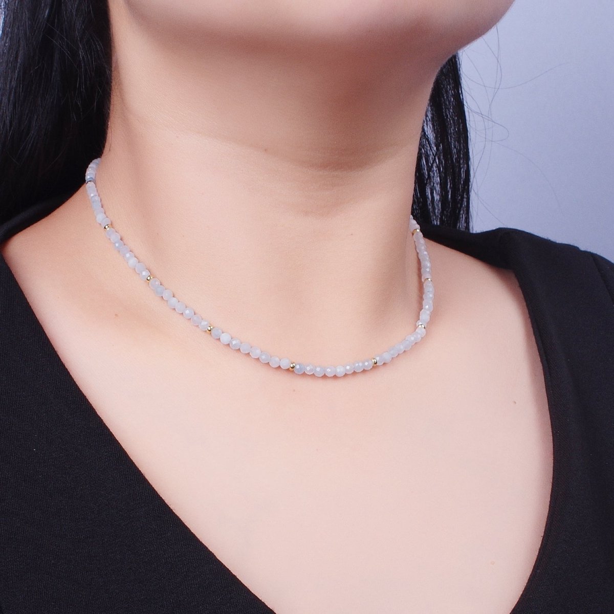 Handmade 15.5 Inch Blue Moonstone / Yellow Citrine Multifaceted Rondelle Beaded Gold Crimp Spacer Choker Necklace | WA-1187 WA-1189 Clearance Pricing