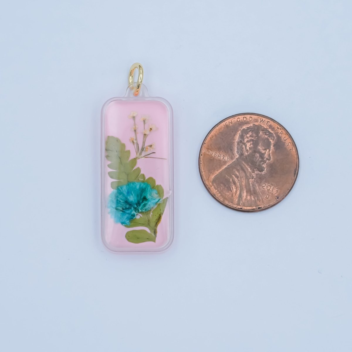 Handmade Pressed Blue Flower Pink Rectangular Resin Charm | N064 - DLUXCA