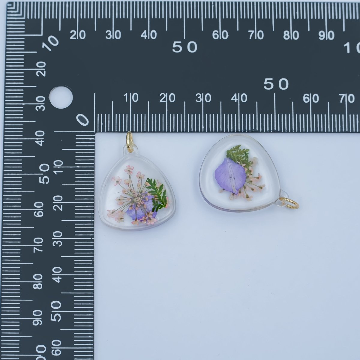 Handmade Pressed Blue Pink Flower Triangle Resin Charm | N060 - DLUXCA