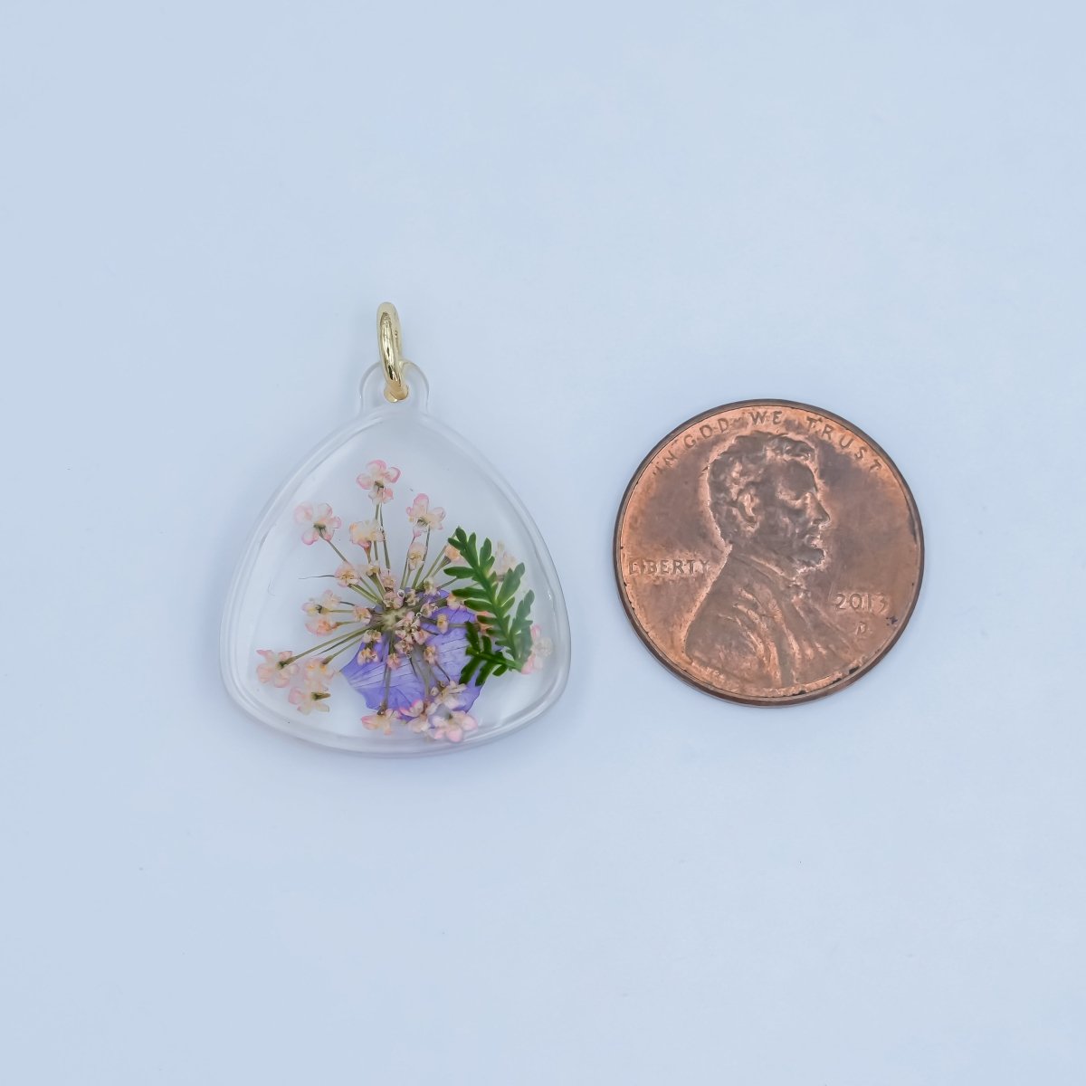 Handmade Pressed Blue Pink Flower Triangle Resin Charm | N060 - DLUXCA