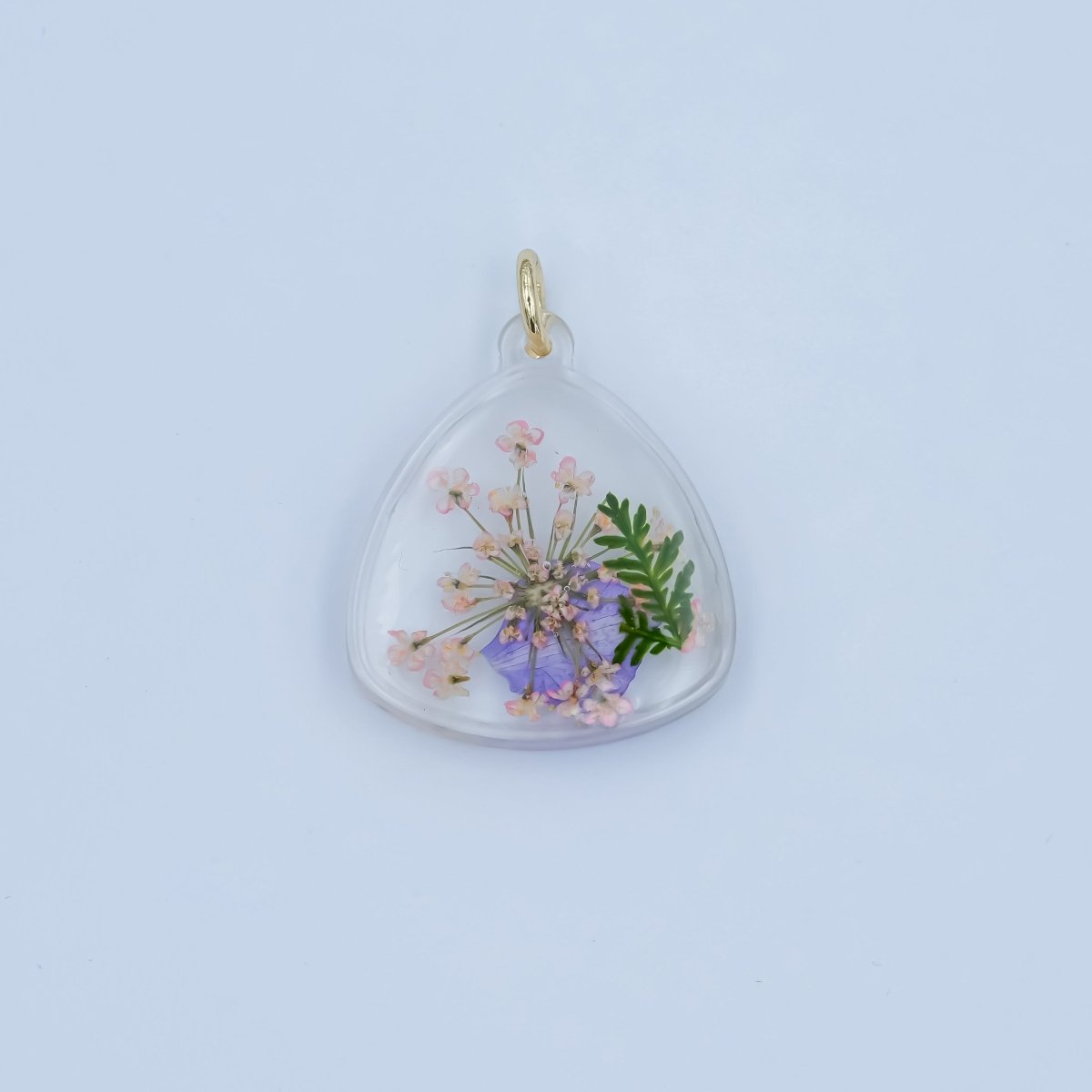 Handmade Pressed Blue Pink Flower Triangle Resin Charm | N060 - DLUXCA