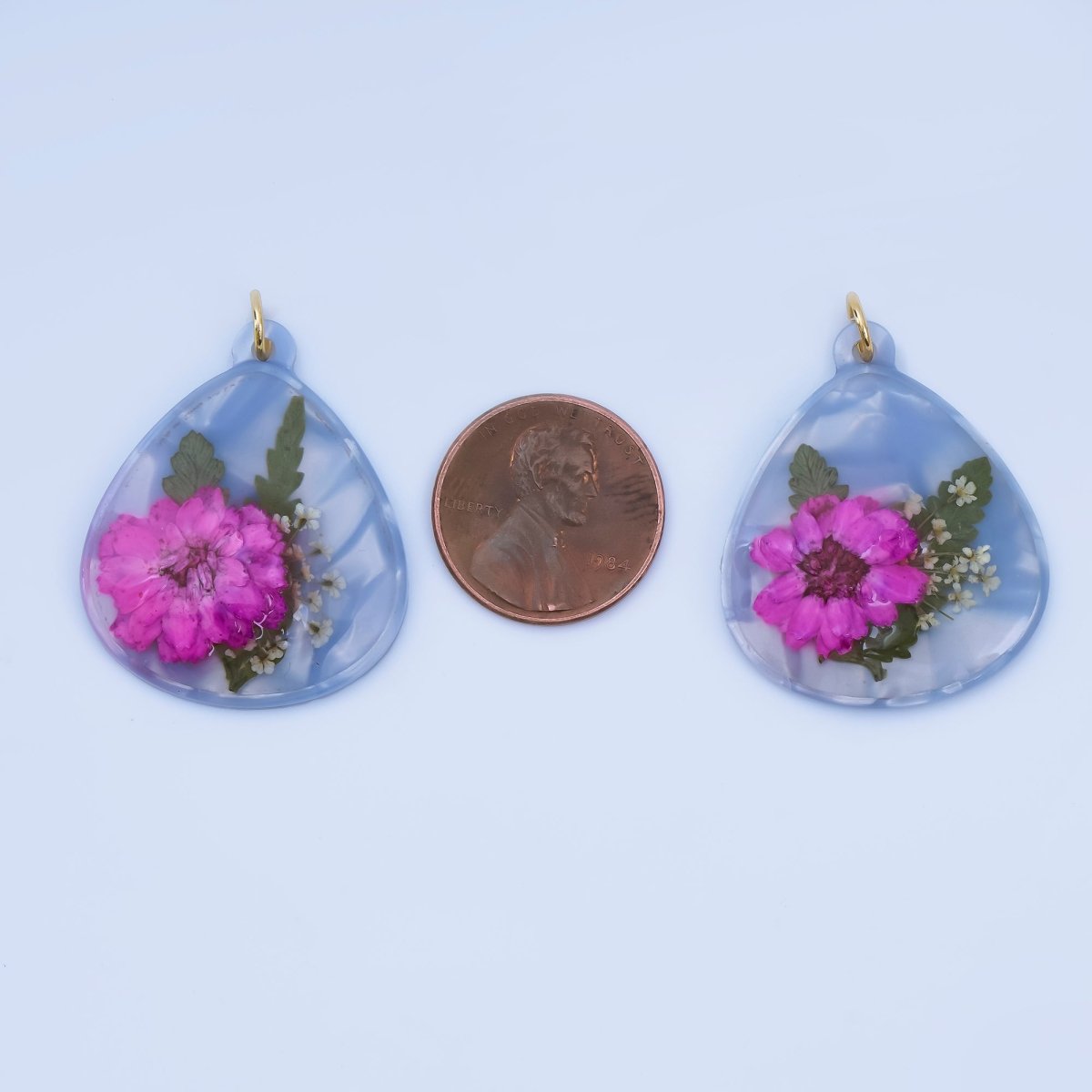 Handmade Pressed Pink Hibiscus Flower Blue Teardrop Resin Charm | AJ419 - DLUXCA