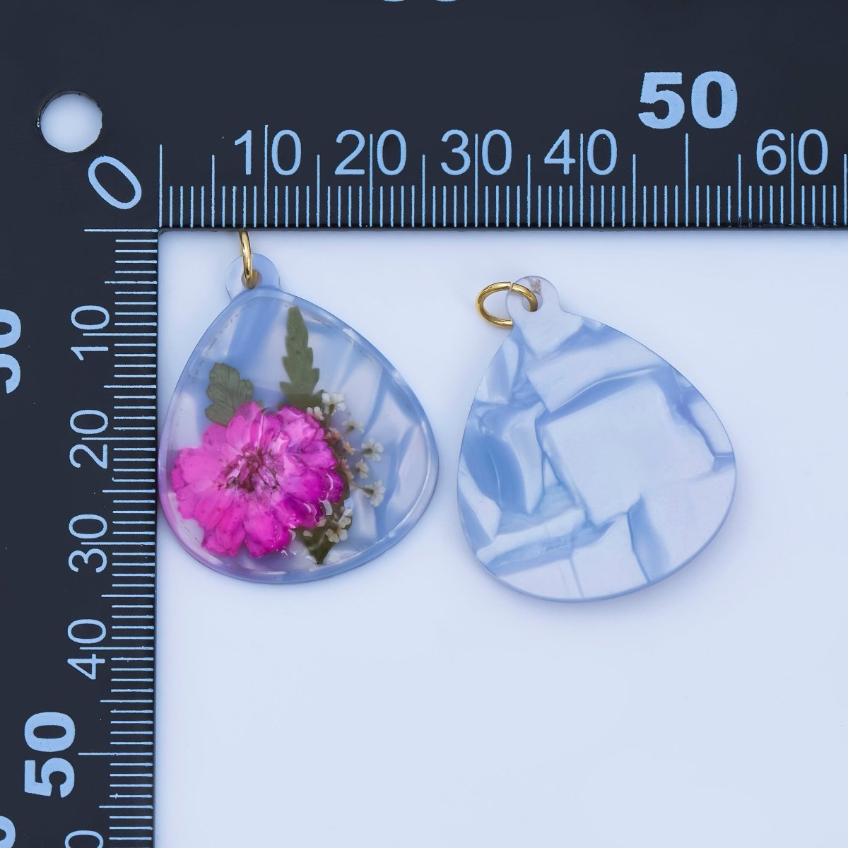 Handmade Pressed Pink Hibiscus Flower Blue Teardrop Resin Charm | AJ419 - DLUXCA