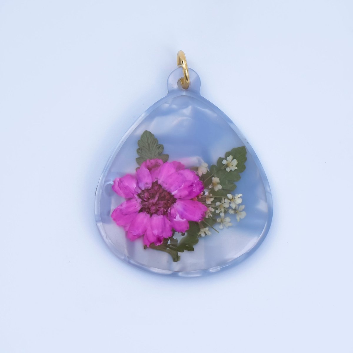 Handmade Pressed Pink Hibiscus Flower Blue Teardrop Resin Charm | AJ419 - DLUXCA